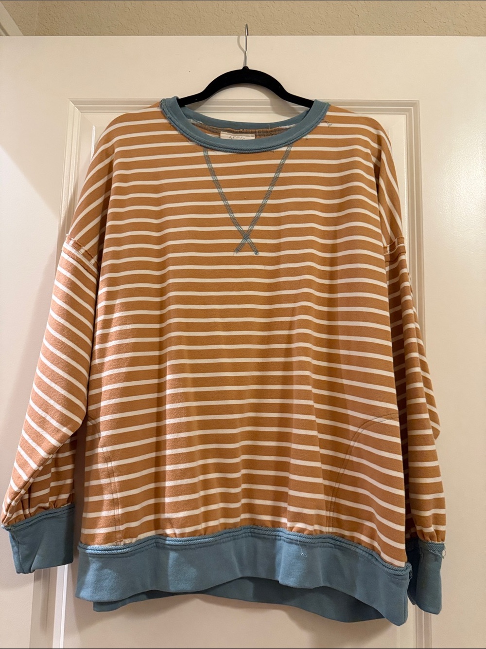 Fantastic Fawn Striped Crewneck Sweatshirt in Camel and Blue- will fit an XL!